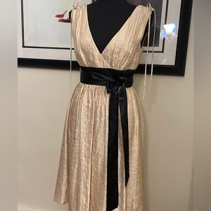 Maxandcleo Elegant Cream Cocktail Dress with Black Sash V-neckline front & back.